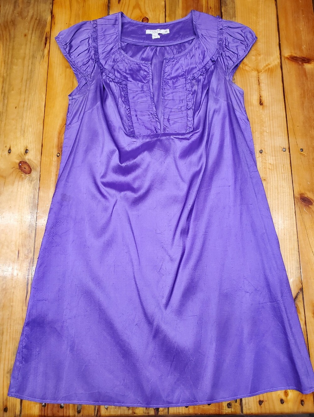 Calypso St. Barth 100% Silk Shift Dress XS Purple Ruffle Pintuck Bib Neck